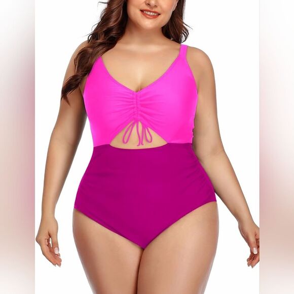 DACI Colorblock Hot Pink and Magenta Plus Size Cutout One Piece Swimsuit 16W NWT - Picture 1 of 10